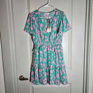NWOT THML Anthropologie Dress Small Tassel‎ Ruffle Sleeve Lined Green Pink Flowy
